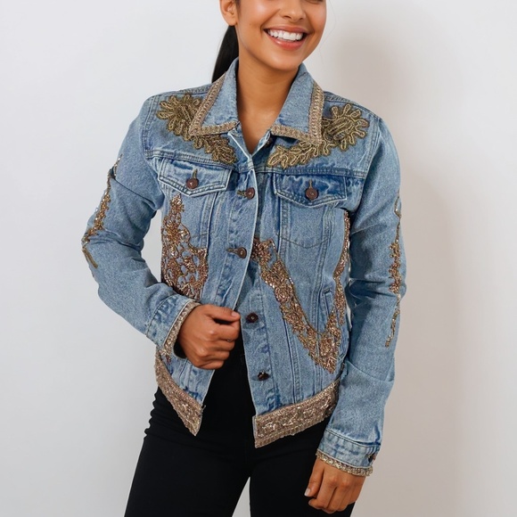 Denim Jacket Hand Embellished with appliqué, sequins, beads and embroidery - Picture 1 of 17